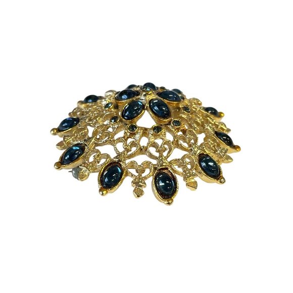 Vintage Gold-Tone Brooch Blue Rhinestones Filigree Floral Elegant Statement Pin - Picture 3 of 4